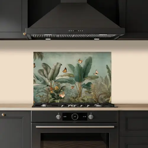 Tropisch bladerdek - Vlinders - groen - Bruin keuken achterwand spatscherm klein -sfeer1