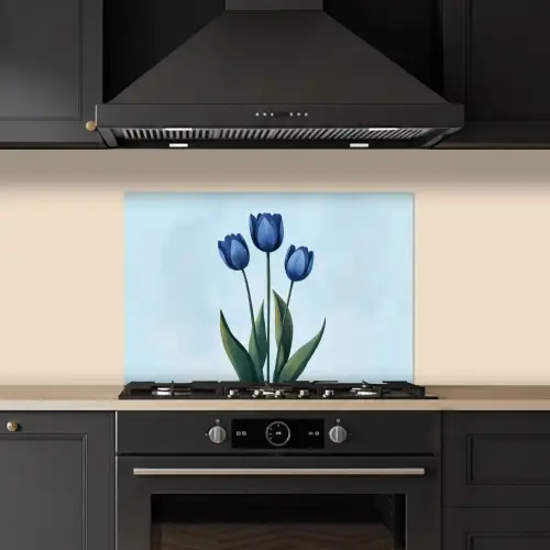 Tulpen - Blauw - Bladeren keuken achterwand spatscherm klein -sfeer1