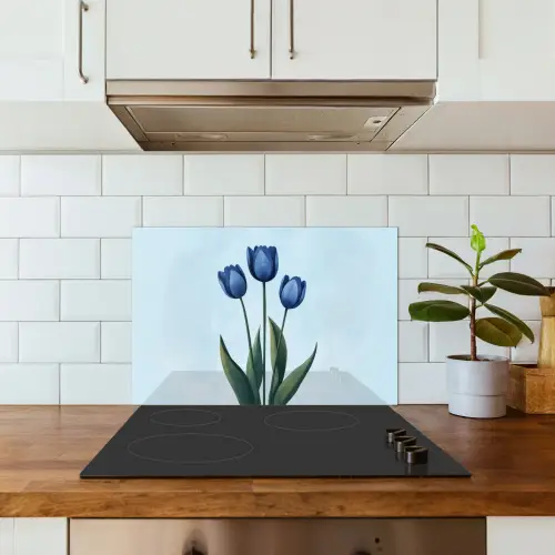 Tulpen - Blauw - Bladeren keuken achterwand spatscherm klein -sfeer2