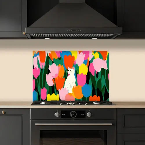 Tulpen - Kat - Kleurrijk keuken achterwand spatscherm klein -sfeer1