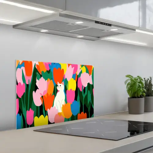 Tulpen - Kat - Kleurrijk keuken achterwand spatscherm klein -3d_schuin