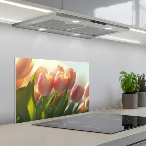 Tulpen - Roze - Zonnestralen keuken achterwand spatscherm klein -3d_schuin