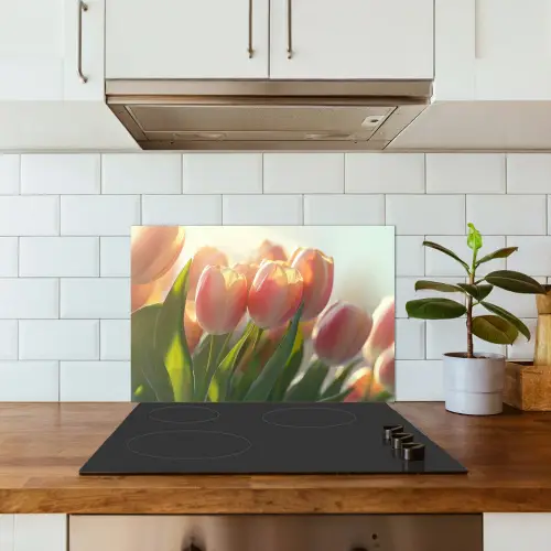 Tulpen - Roze - Zonnestralen keuken achterwand spatscherm klein -sfeer2