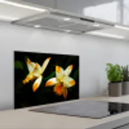 Twee orchideebloemen keuken achterwand spatscherm klein -3d_schuin