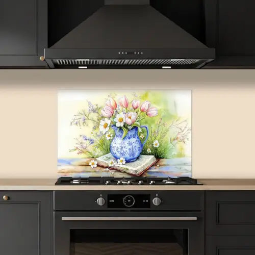 Vaas - Delftsblauw - Madeliefjes keuken achterwand spatscherm klein -sfeer1