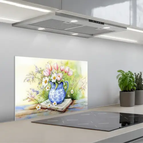 Vaas - Delftsblauw - Madeliefjes keuken achterwand spatscherm klein -3d_schuin