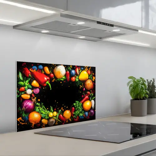 Groente - Graffiti - Kleurrijk - Koken - Abstract keuken achterwand spatscherm klein -3d_schuin