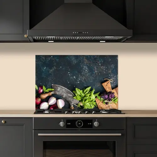 Groente - Kruiden - Wiegemes - Ui - Specerijen - Rustiek keuken achterwand spatscherm klein -sfeer1