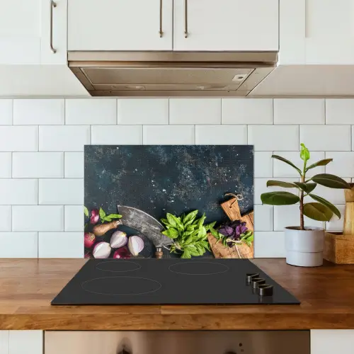 Groente - Kruiden - Wiegemes - Ui - Specerijen - Rustiek keuken achterwand spatscherm klein -sfeer2