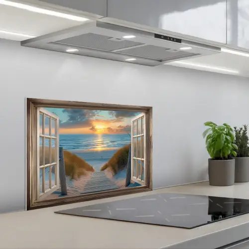 Doorkijk - Strand - Pad - Zonsondergang keuken achterwand spatscherm klein -3d_schuin
