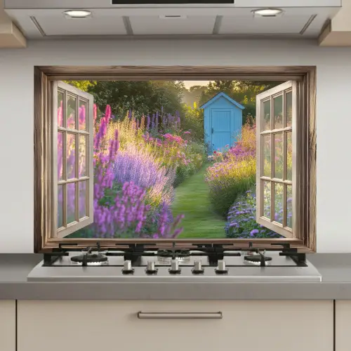 Doorkijk - Bloemen - Raam - Natuur keuken achterwand spatscherm klein -3d_website
