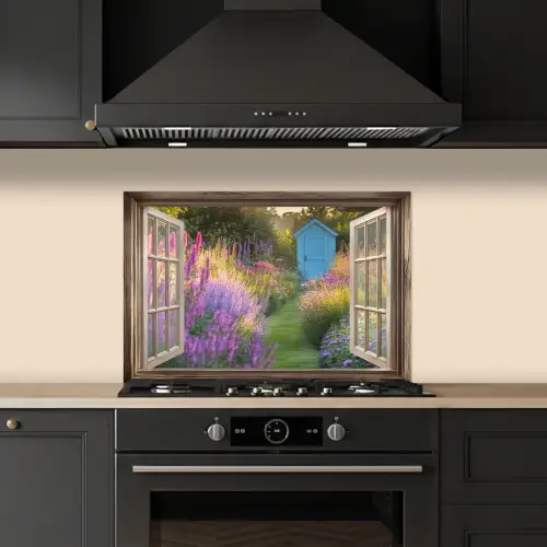 Doorkijk - Bloemen - Raam - Natuur keuken achterwand spatscherm klein -sfeer1