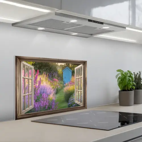 Doorkijk - Bloemen - Raam - Natuur keuken achterwand spatscherm klein -3d_schuin