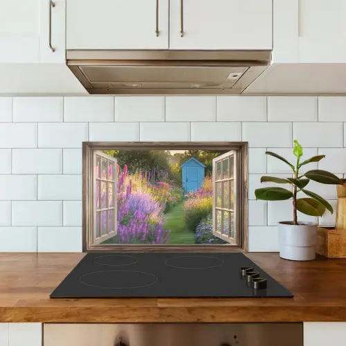 Doorkijk - Bloemen - Raam - Natuur keuken achterwand spatscherm klein -sfeer2