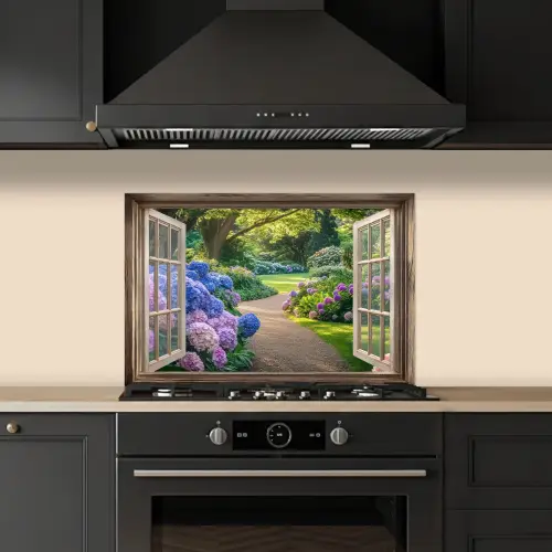 Doorkijk - Tuin - Raam - Hortensia - Bloemen keuken achterwand spatscherm klein -sfeer1