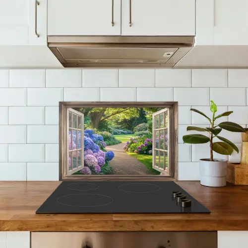 Doorkijk - Tuin - Raam - Hortensia - Bloemen keuken achterwand spatscherm klein -sfeer2