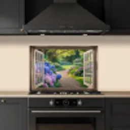 Doorkijk - Tuin - Raam - Hortensia - Bloemen keuken achterwand spatscherm klein -sfeer1