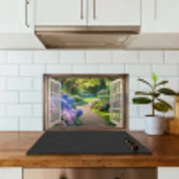Doorkijk - Tuin - Raam - Hortensia - Bloemen keuken achterwand spatscherm klein -sfeer2