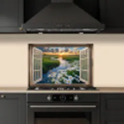 Doorkijk - Landschap - Raam - Water - Zonsondergang keuken achterwand spatscherm klein -sfeer1