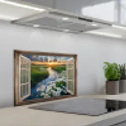 Doorkijk - Landschap - Raam - Water - Zonsondergang keuken achterwand spatscherm klein -3d_schuin