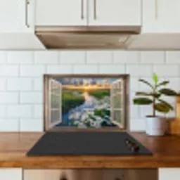 Doorkijk - Landschap - Raam - Water - Zonsondergang keuken achterwand spatscherm klein -sfeer2