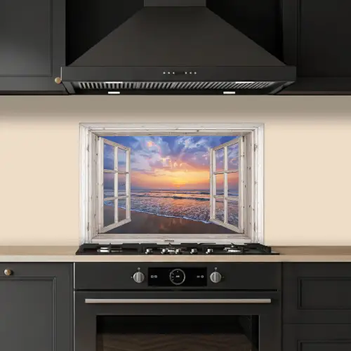 Doorkijk - Zee - Strand - Zonsondergang - Blauw keuken achterwand spatscherm klein -sfeer1