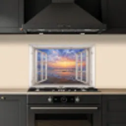 Doorkijk - Zee - Strand - Zonsondergang - Blauw keuken achterwand spatscherm klein -sfeer1