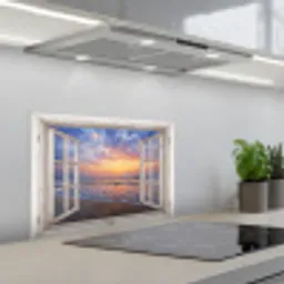 Doorkijk - Zee - Strand - Zonsondergang - Blauw keuken achterwand spatscherm klein -3d_schuin