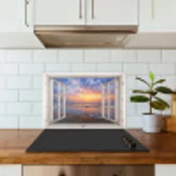 Doorkijk - Zee - Strand - Zonsondergang - Blauw keuken achterwand spatscherm klein -sfeer2
