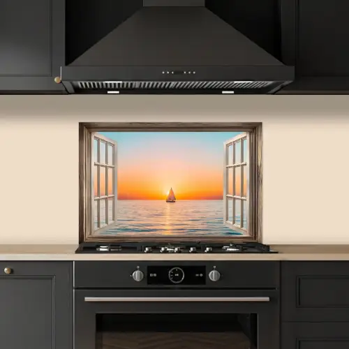 Doorkijk - Zee - Boot - Zonsondergang keuken achterwand spatscherm klein -sfeer1