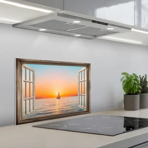 Doorkijk - Zee - Boot - Zonsondergang keuken achterwand spatscherm klein -3d_schuin