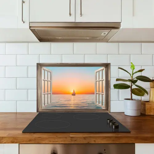 Doorkijk - Zee - Boot - Zonsondergang keuken achterwand spatscherm klein -sfeer2