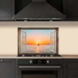 Doorkijk - Zee - Boot - Zonsondergang keuken achterwand spatscherm klein -sfeer1
