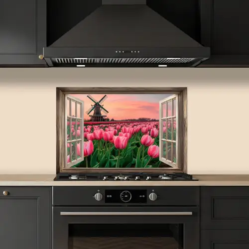 Doorkijk - Tulpen - Bloemen - Molen - Raam keuken achterwand spatscherm klein -sfeer1