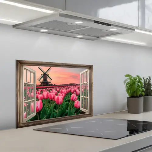 Doorkijk - Tulpen - Bloemen - Molen - Raam keuken achterwand spatscherm klein -3d_schuin
