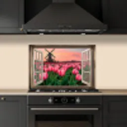 Doorkijk - Tulpen - Bloemen - Molen - Raam keuken achterwand spatscherm klein -sfeer1