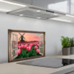 Doorkijk - Tulpen - Bloemen - Molen - Raam keuken achterwand spatscherm klein -3d_schuin
