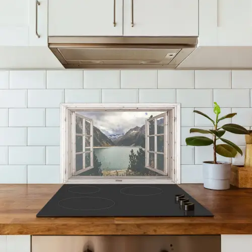 Doorkijk - Water - Berg keuken achterwand spatscherm klein -sfeer2