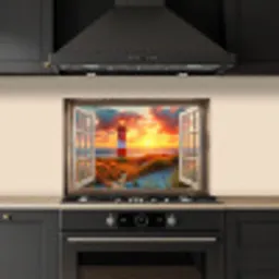 Doorkijk - Raam - Vuurtoren - Zonsondergang - Strand keuken achterwand spatscherm klein -sfeer1