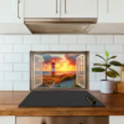 Doorkijk - Raam - Vuurtoren - Zonsondergang - Strand keuken achterwand spatscherm klein -sfeer2