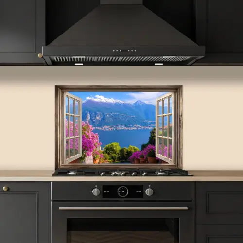 Doorkijk - Berg - Landschap - Uitzicht - Meer keuken achterwand spatscherm klein -sfeer1