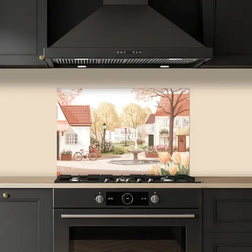 Dorpsplein - Fontein - Tulpen keuken achterwand spatscherm klein -sfeer1