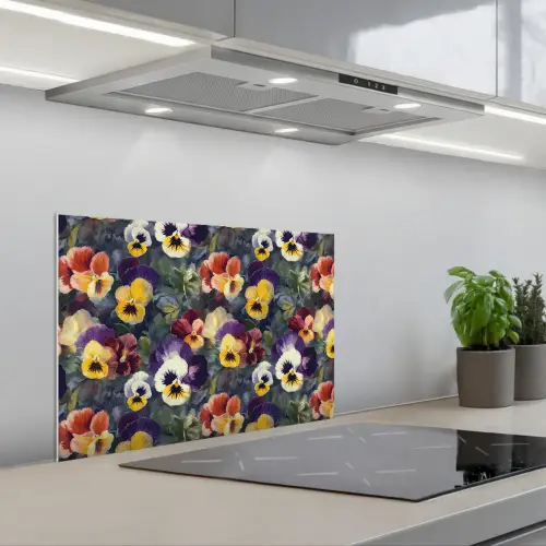 Viooltjes - Paars - Geel - Groen keuken achterwand spatscherm klein 900 -3d_schuin