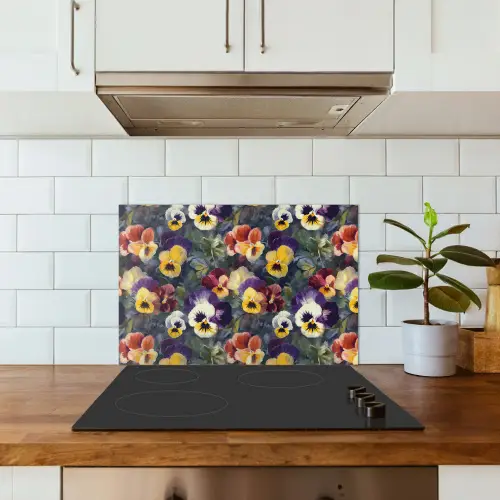 Viooltjes - Paars - Geel - Groen keuken achterwand spatscherm klein 900 -sfeer2