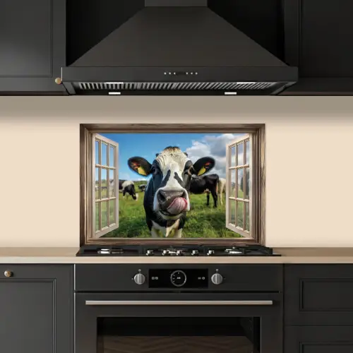 Doorkijk - Koe - Weiland - Dieren - Natuur keuken achterwand spatscherm klein -sfeer1