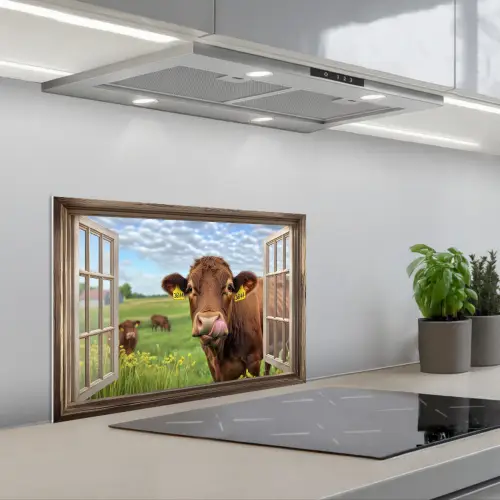 Doorkijk - Koe - Weiland - Landschap - Dieren keuken achterwand spatscherm klein -3d_schuin