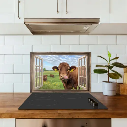 Doorkijk - Koe - Weiland - Landschap - Dieren keuken achterwand spatscherm klein -sfeer2