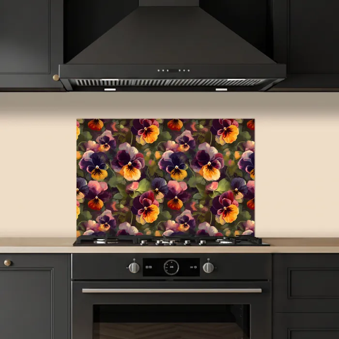 Warm - Patroon - Penseel - Viooltjes keuken achterwand spatscherm klein 900 -sfeer1