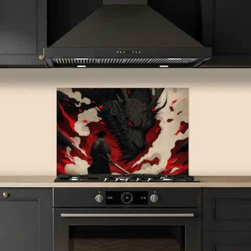 Krijger - Draak - Zwart - Rood - Rook keuken achterwand spatscherm klein -sfeer1