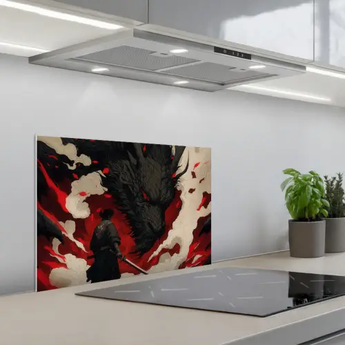 Krijger - Draak - Zwart - Rood - Rook keuken achterwand spatscherm klein -3d_schuin